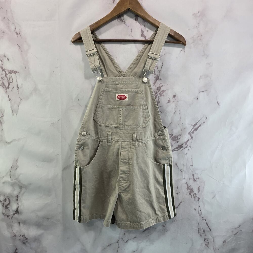 Vintage Shortalls Womens Small 90s Y2K Baggy Short Overalls Tan Canvas Khaki